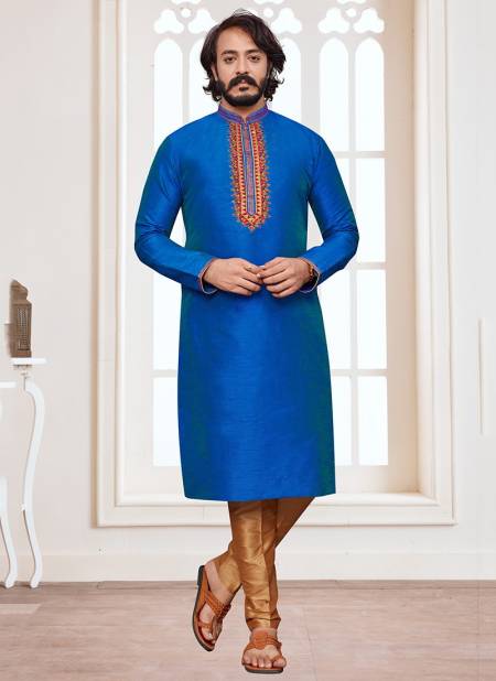 Blue Colour Exclusive Festive Wear Art Silk Embroidery Work Kurta Pajama Mens Collection 38005